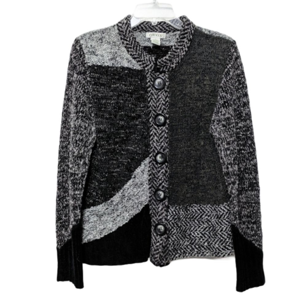 ORVIS Pieced Mixed Media Wool Cardigan Sweater L
